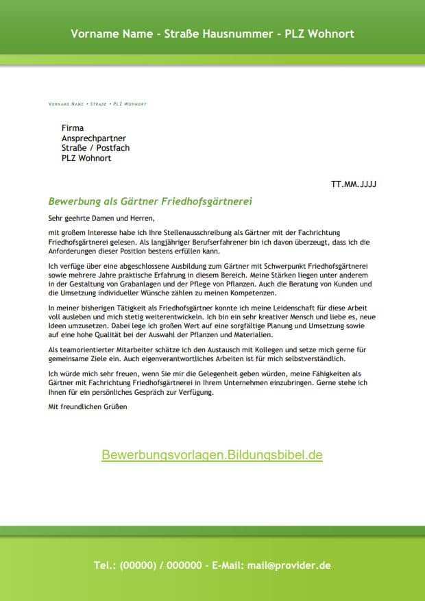 Bewerbung als Gärtner Friedhofsgärtnerei Word & PDF Vorlage